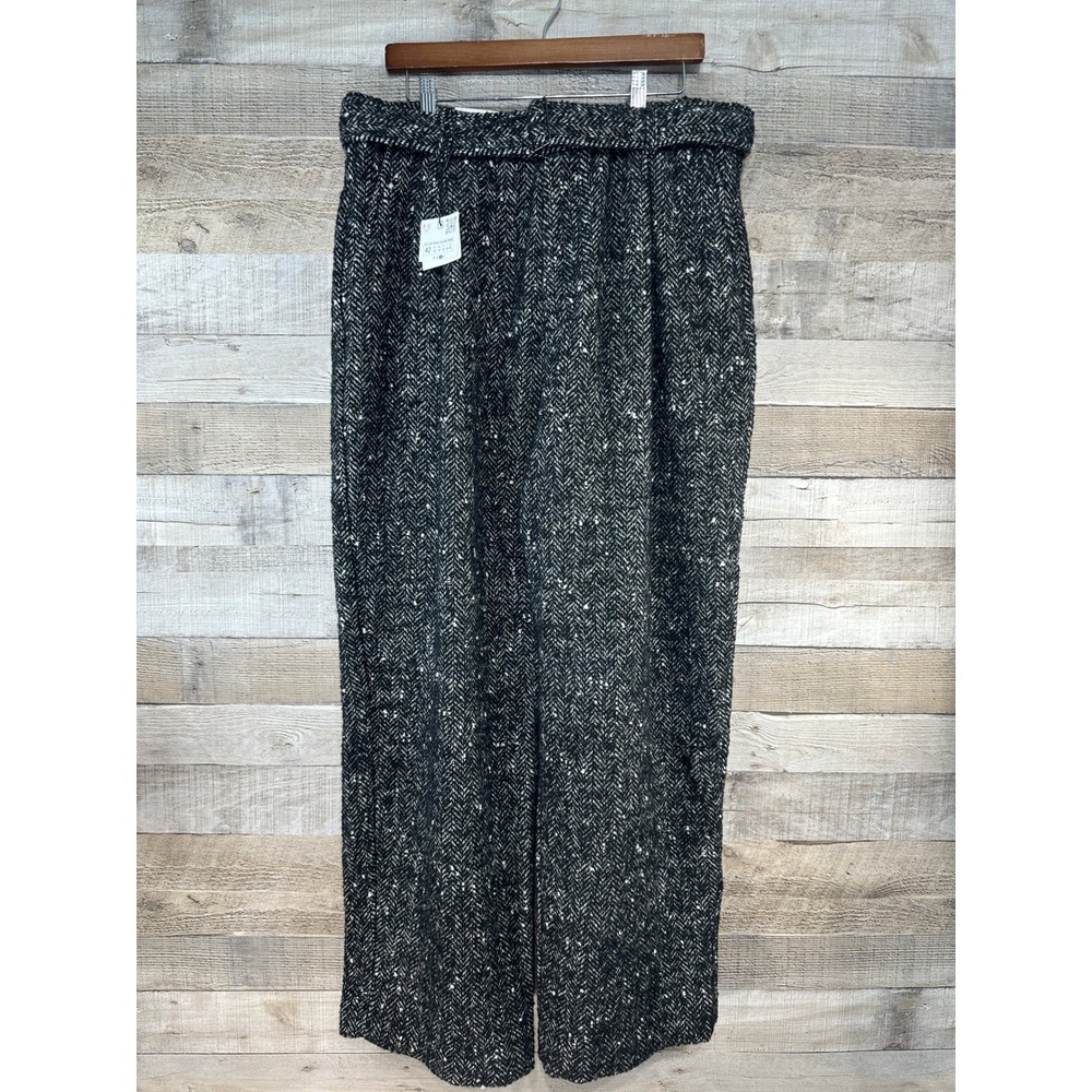ZARA Wide Leg Textured Herringbone Belted Pants Black White Size 42 EUR